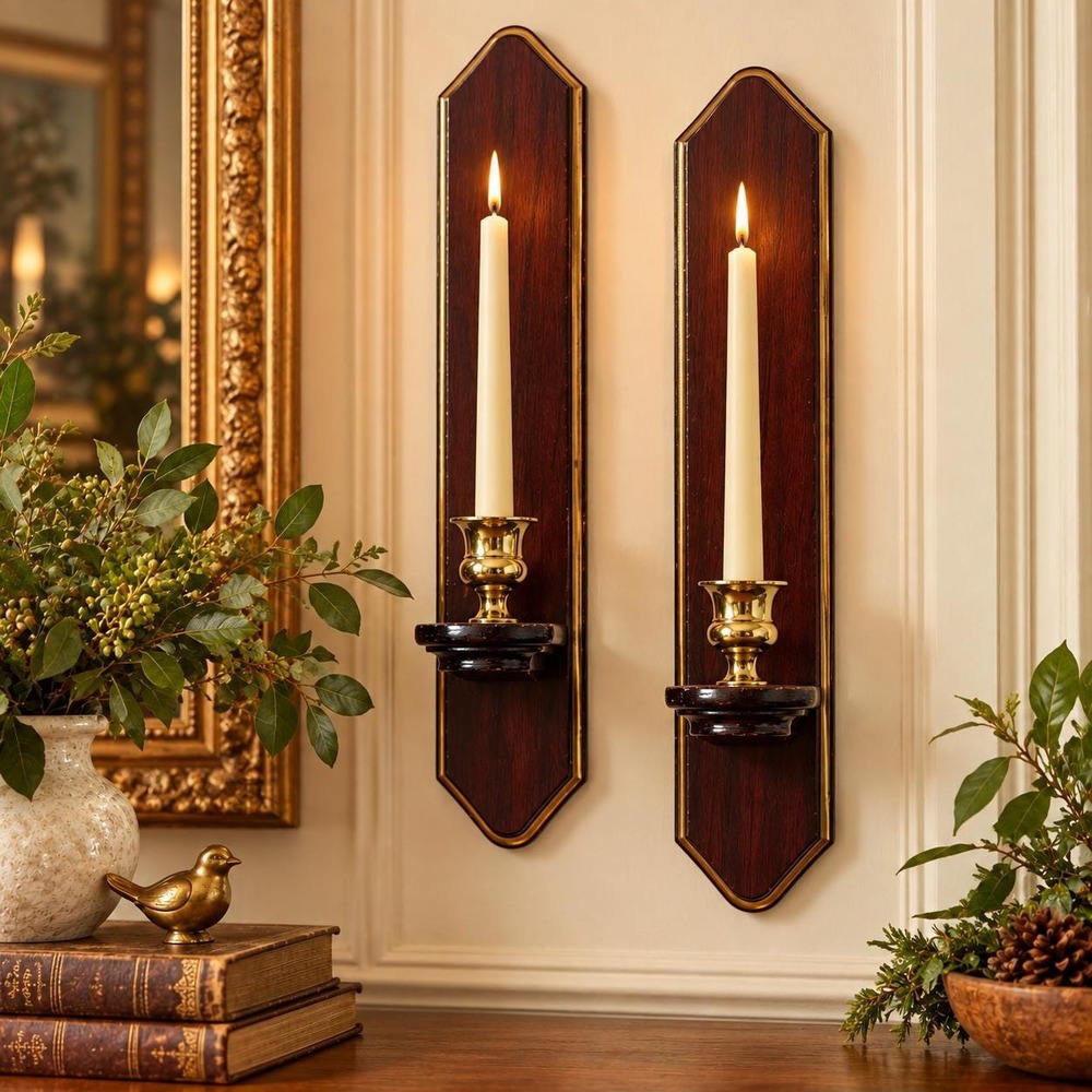 Home Interiors Wall Candle Sconces Pair Wood Brass Tone Taper Candle Holders